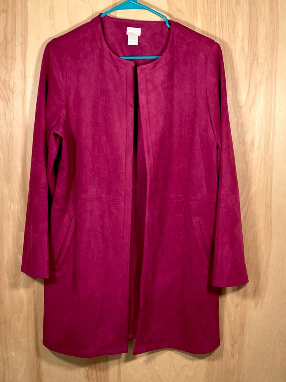 Chico’s Faux Suede Magenta Jacket Trench Open Front Coat - EUC